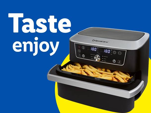 Air fryer with fries, text reads 'Taste enjoy' on a blue and yellow background.