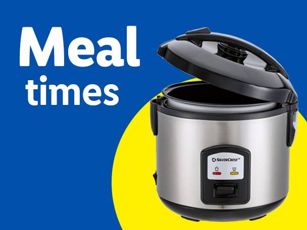 Rice cooker with an open lid, on a blue and yellow background, with text 'Meal times'.
