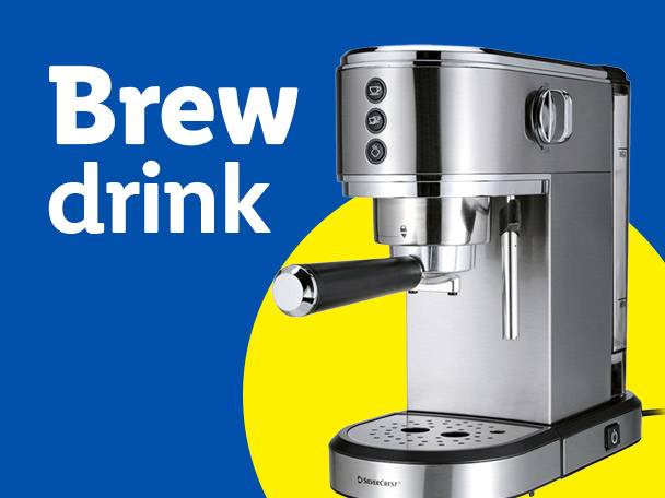 Espresso machine on a blue and yellow background with text 'Brew drink'.