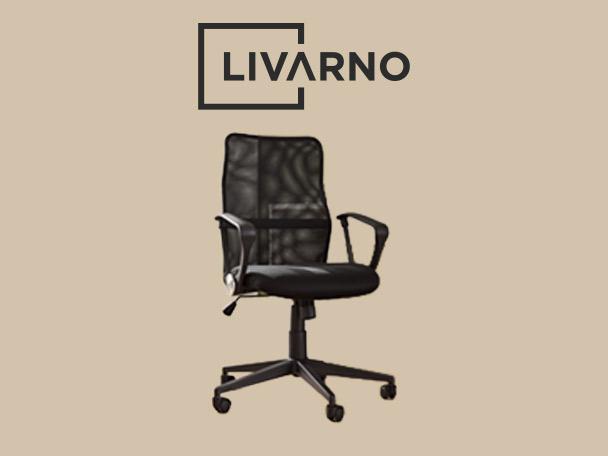 Black mesh office chair with a logo featuring the word 'LIVARNO' in a square frame.
