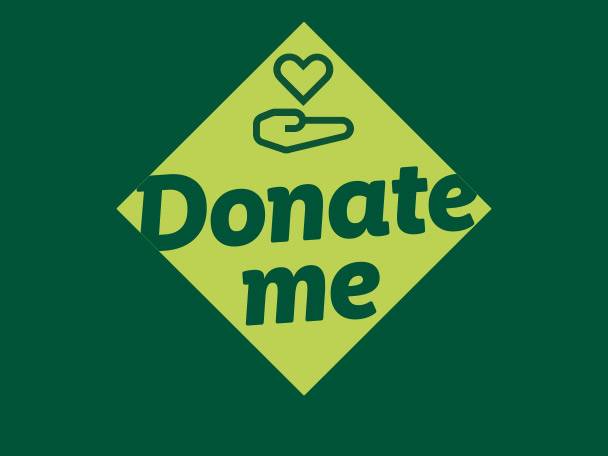 A green diamond with a heart, hand, and the words 'Donate me'.