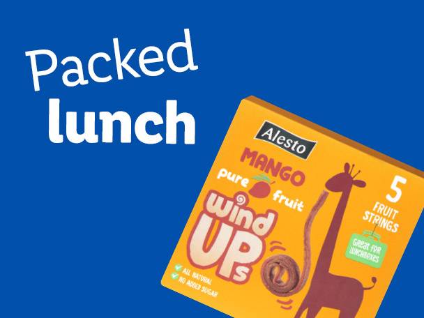 A box of Alesto Mango fruit strings with a giraffe illustration, next to the text 'Packed lunch'.