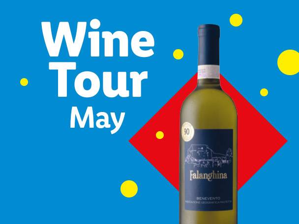 White wine bottle with a blue label, text 'Wine Tour May' on a blue background with red and yellow shapes.