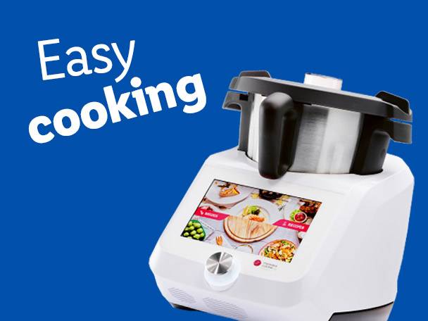 A white smart kitchen appliance with a screen displaying food, with the text 'Easy cooking' on a blue background.