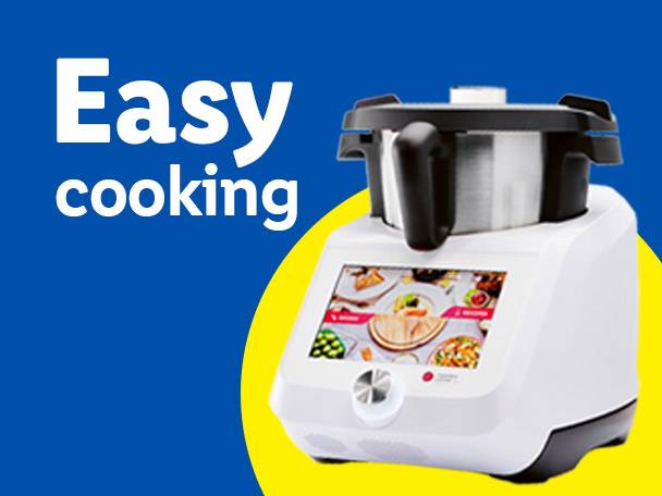 A white kitchen appliance with a screen displaying food, next to text 'Easy cooking'.