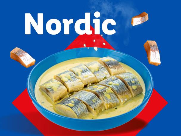 A blue bowl of pickled herring in a creamy sauce, with the word 'Nordic' above it.