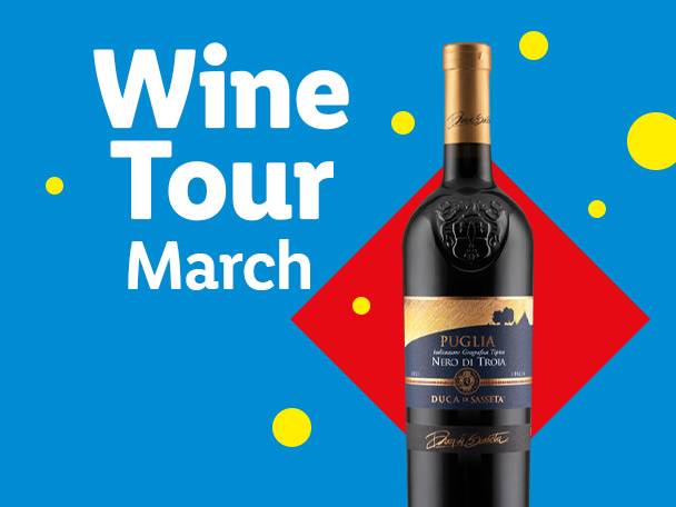 Red wine bottle with gold accents on a blue background with 'Wine Tour March' text.