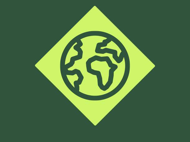 A green diamond with a globe icon in the center, on a dark green background.