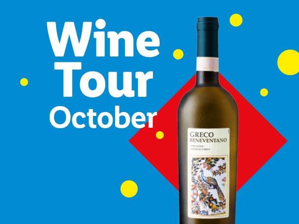 A bottle of Greco Beneventano wine with text 'Wine Tour October' on a blue background.