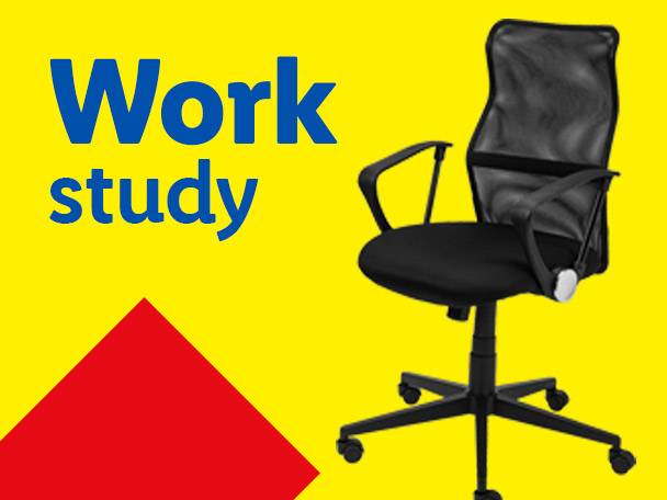 A black office chair on a yellow background with the words 'Work study' in blue.