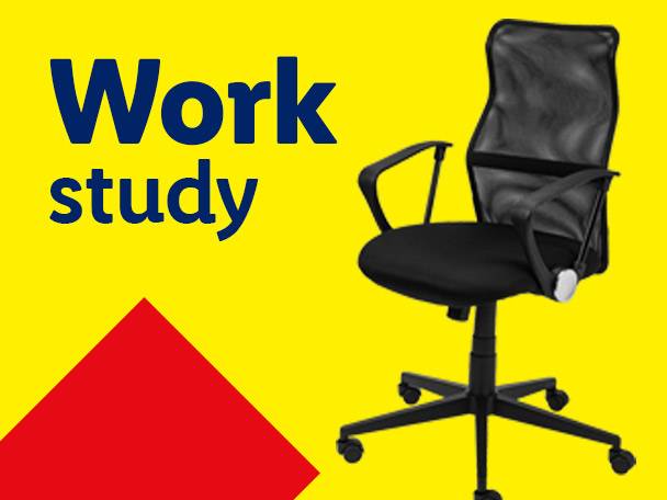 A black office chair on a yellow background with the words 'Work study' and a red triangle.