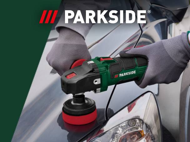 Person polishing a car with a cordless polisher, logo in top left.