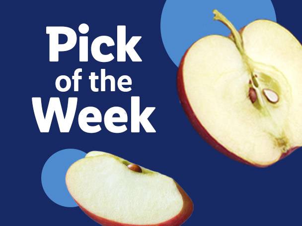 Text 'Pick of the Week' with two apple halves on a blue background.