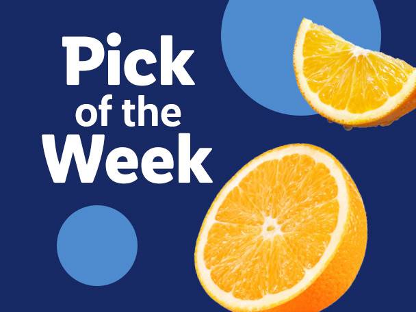 Pick of the Week with sliced oranges on a blue background.