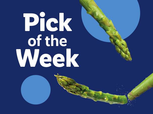 Asparagus spears on a blue background with text 'Pick of the Week'.