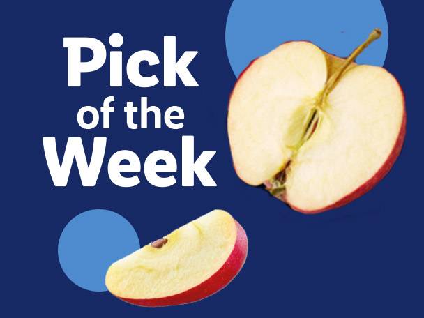 Two apple halves on a blue background with text 'Pick of the Week'.