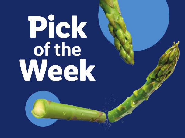 Asparagus spears on a blue background with text: Pick of the Week.