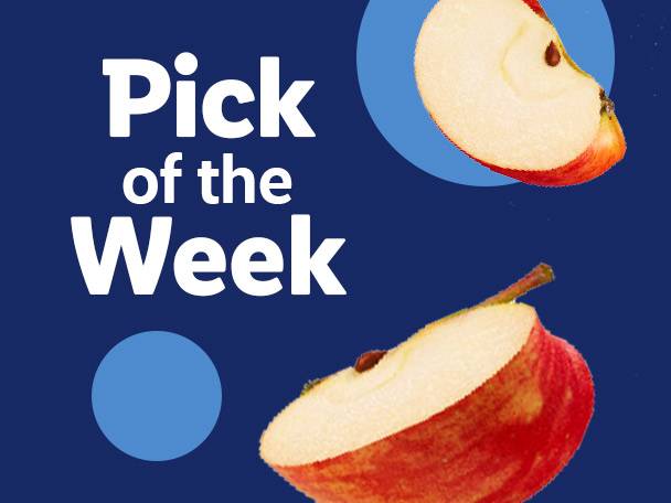 Two apple slices on a blue background with text: 'Pick of the Week'.