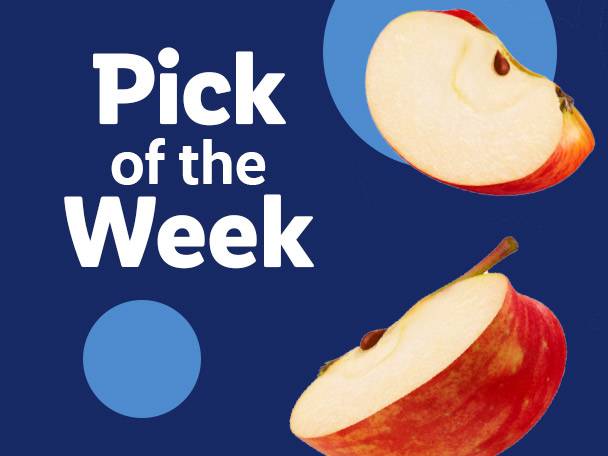 Two apple halves on a blue background with text 'Pick of the Week'.