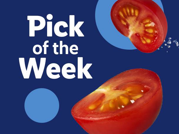 Two halves of fresh red tomatoes on a blue background with text 'Pick of the Week'.