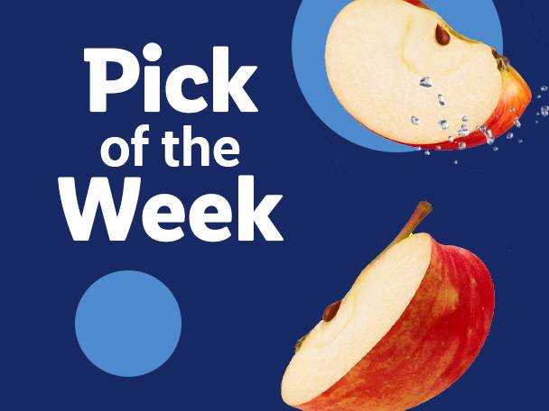 Two apple halves with water droplets on a blue background, with text 'Pick of the Week'.
