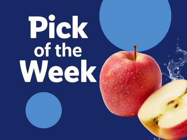 Red apples with water droplets, one whole and one halved, with text 'Pick of the Week'.