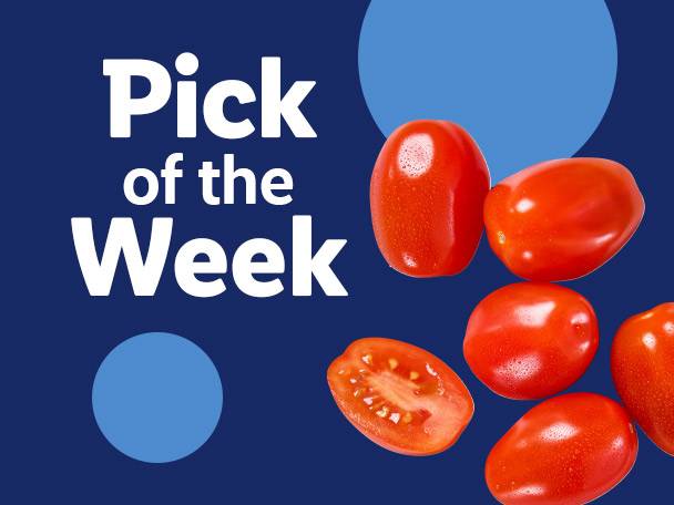 Pick of the Week: Fresh red cherry tomatoes on a blue background.