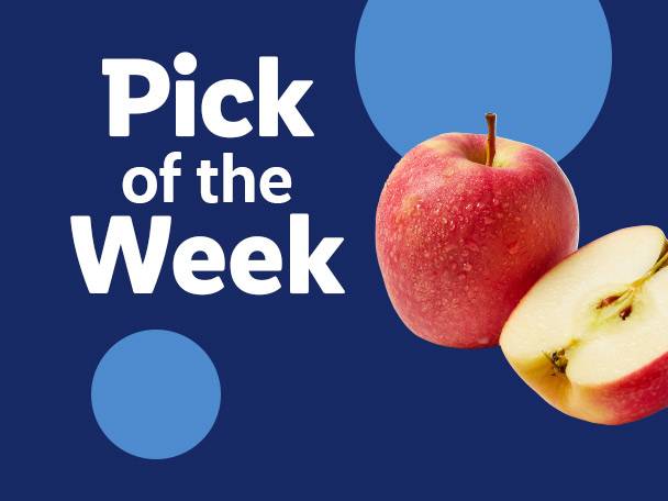 Red apples, one whole and one halved, with text 'Pick of the Week' on a blue background.