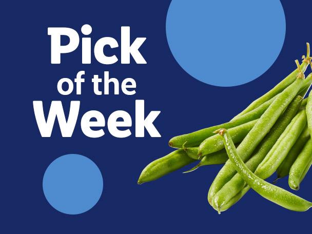 Pick of the Week: Fresh green beans on a dark blue background with light blue circles.