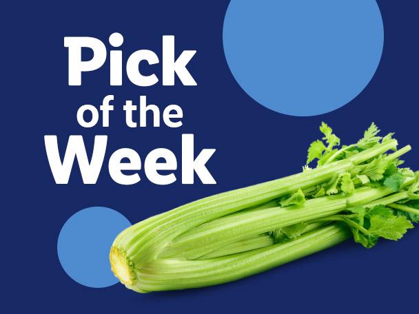A bunch of fresh green celery with the text 'Pick of the Week' on a blue background.