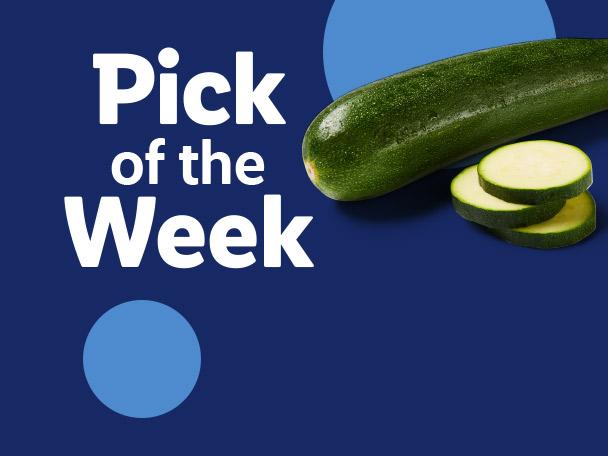 Zucchini next to the text Pick of the Week on a blue background.
