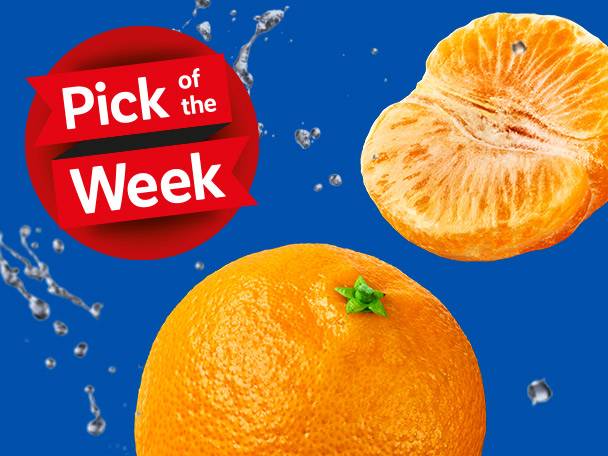 Two oranges, one peeled, with a red circle and banner reading 'Pick of the Week'.