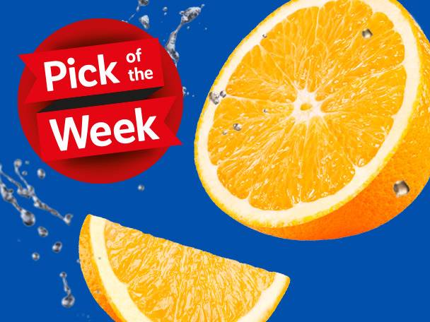 Oranges with water splashes and a red banner reading 'Pick of the Week'.