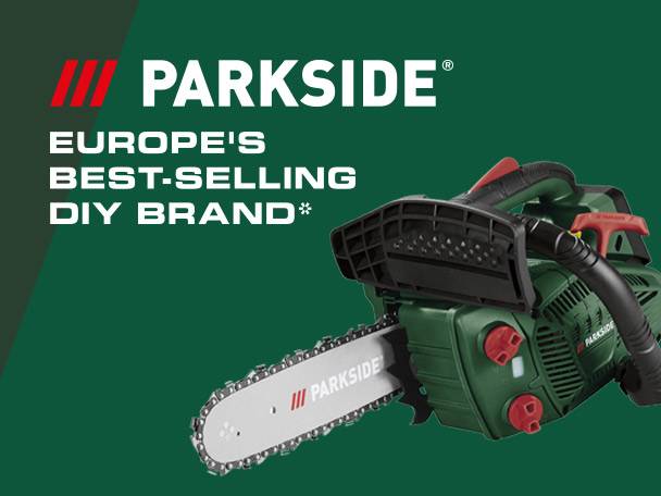 Parkside chainsaw, Europe's best-selling DIY brand, on a dark green background.
