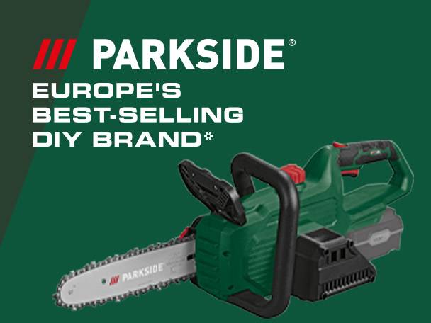 A green chainsaw with a battery pack, promoting Europe's best-selling DIY brand.