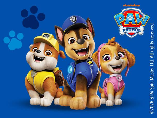 Three cartoon puppies, a brown bulldog, a German Shepherd, and a golden retriever, smiling.