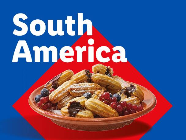 Churros with chocolate, berries, and powdered sugar on a plate, with 'South America' text.