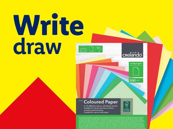 Coloured paper pack with text 'Write draw', suitable for craft, inkjet, laser printers, and photocopiers.