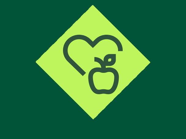 Heart and apple outline on a lime green diamond, symbolizing health and wellness.