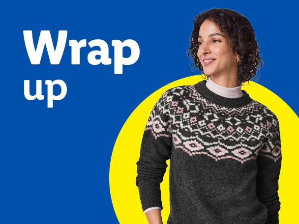Woman in a fair isle sweater with 'Wrap up' text on a blue and yellow background.