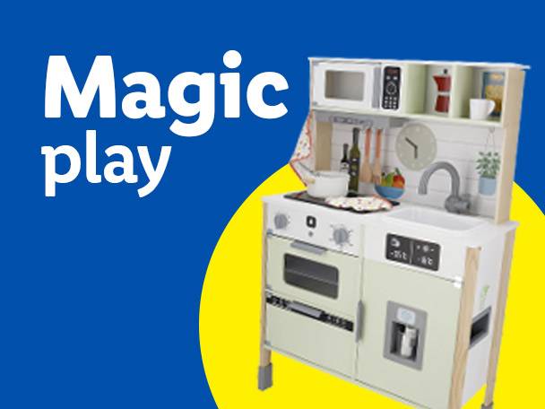 A white and light green toy kitchen set with a microwave, sink, and oven.