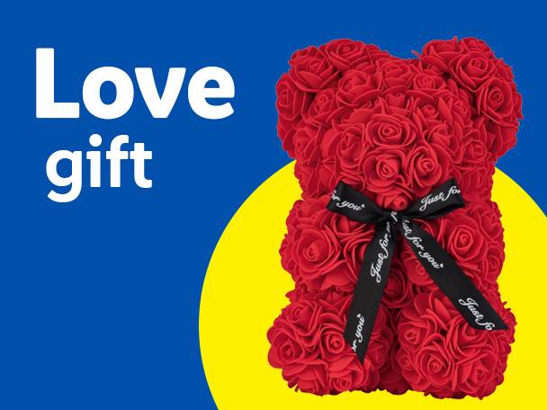 Red rose teddy bear with a black ribbon, on a blue and yellow background, with text 'Love gift'.