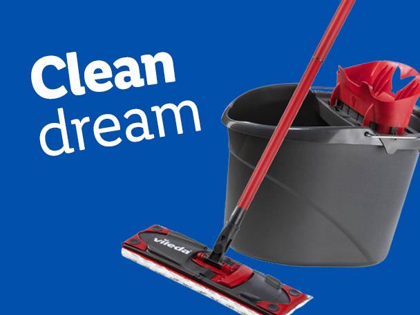 A Vileda mop and bucket set with the text 'Clean dream' on a blue background.