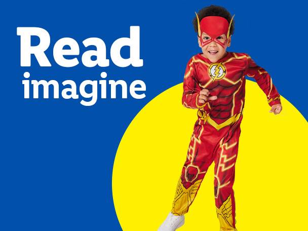 Child in a superhero costume, with text 'Read imagine' on a blue and yellow background.