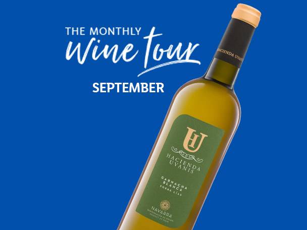 A bottle of Hacienda Uvanis Garnacha Blanca wine for a monthly wine tour in September.