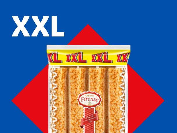 XXL snack package with long, crispy, golden-brown snacks on a blue and red background.
