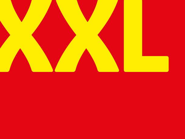Yellow XXL text on a red background, suggesting large-sized products or deals.