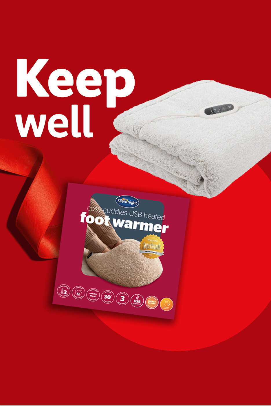 White electric blanket with a control panel, on a red background with a red ribbon and text 'Keep well'.