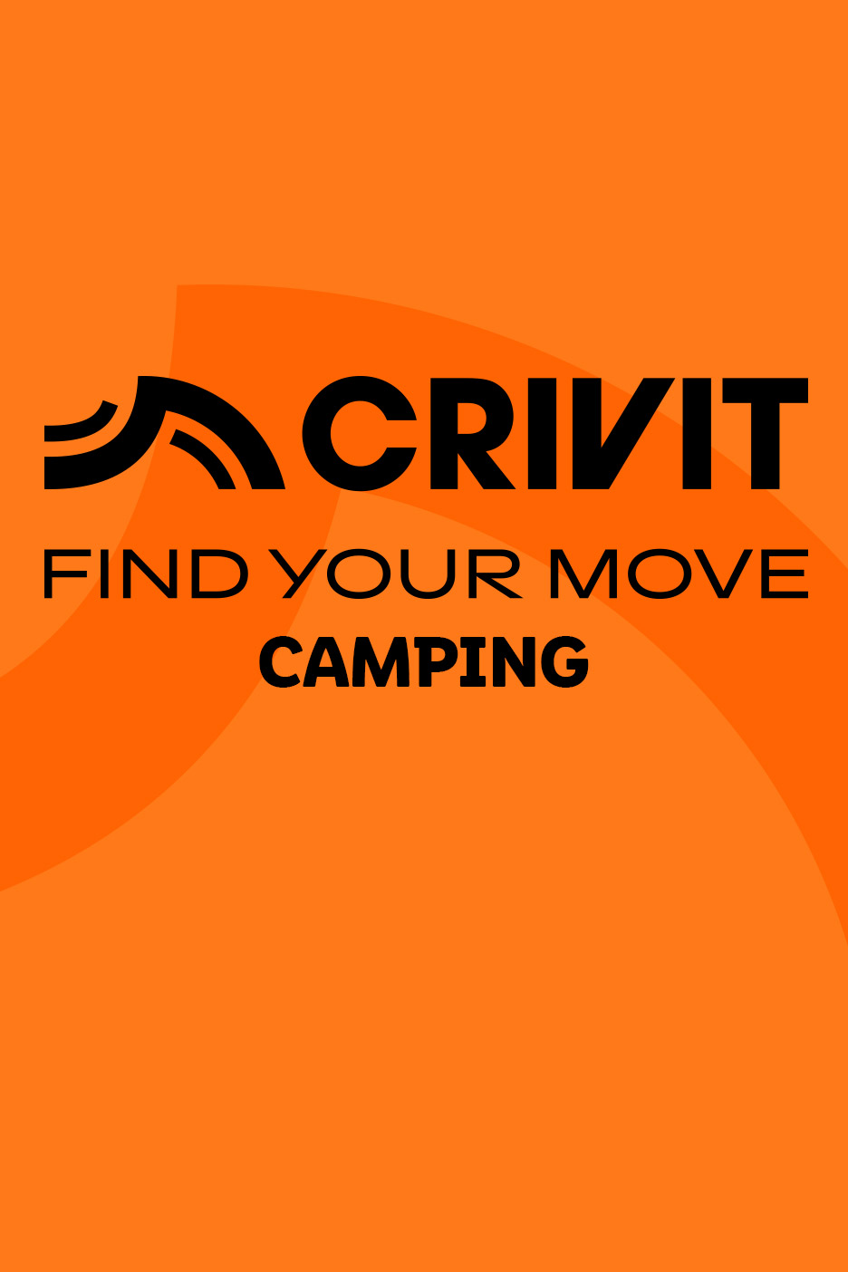 Orange background with black text: 'FIND YOUR MOVE CAMPING' and a stylized logo.