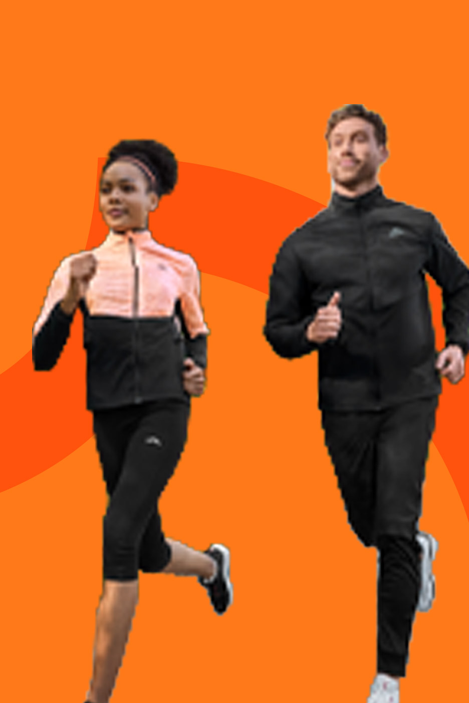 Two people running in athletic jackets and trousers.